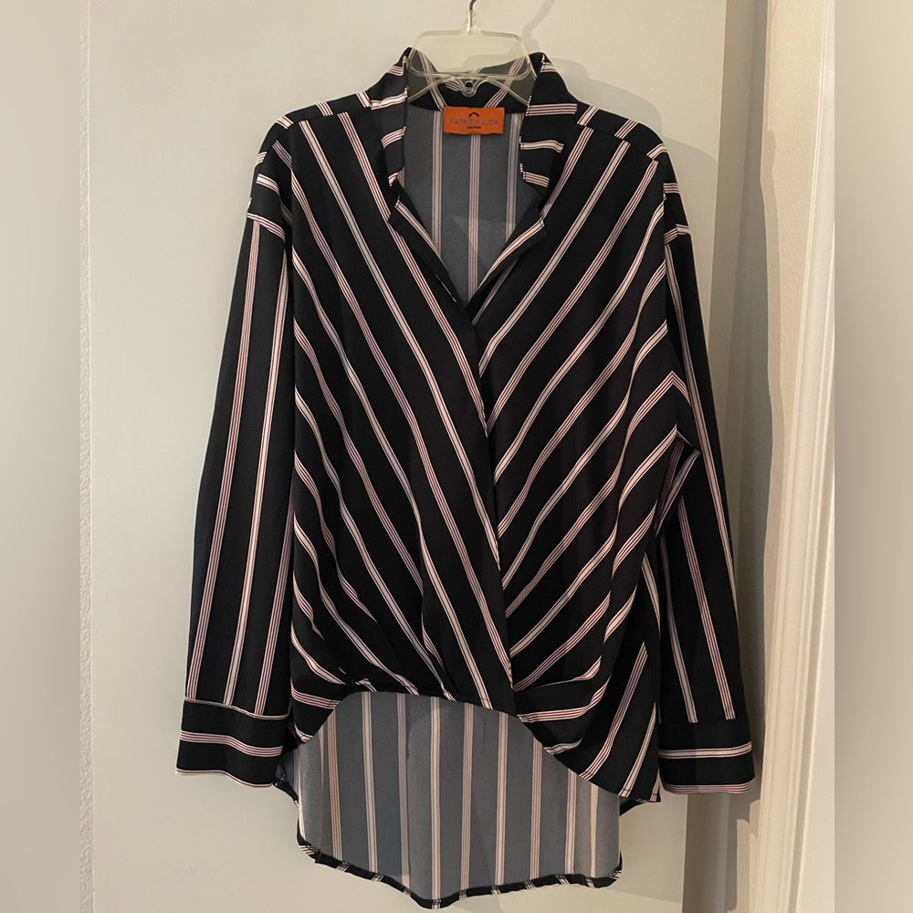 Patricia Luca Navy Blue/White Striped Long Sleeve Top Blouse NWOT